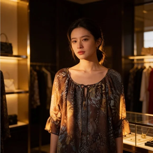 Dress Barn Brown and Taupe Sheer Patterned Peasant Blouse - Picture 2 of 4